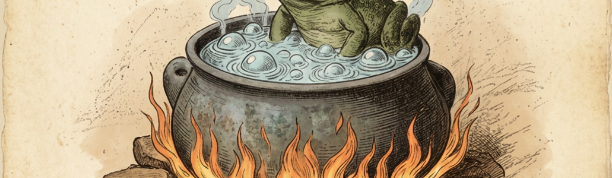 La grenouille ébouillantée : pot bouillant avec flammes et grenouille dedans