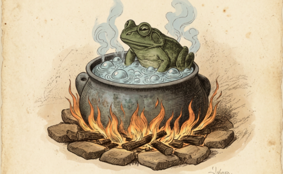 La grenouille ébouillantée : pot bouillant avec flammes et grenouille dedans